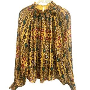 Oliphant high neck blouse gold lurex dot‎ printed balloon sleeve smocked  XS-M